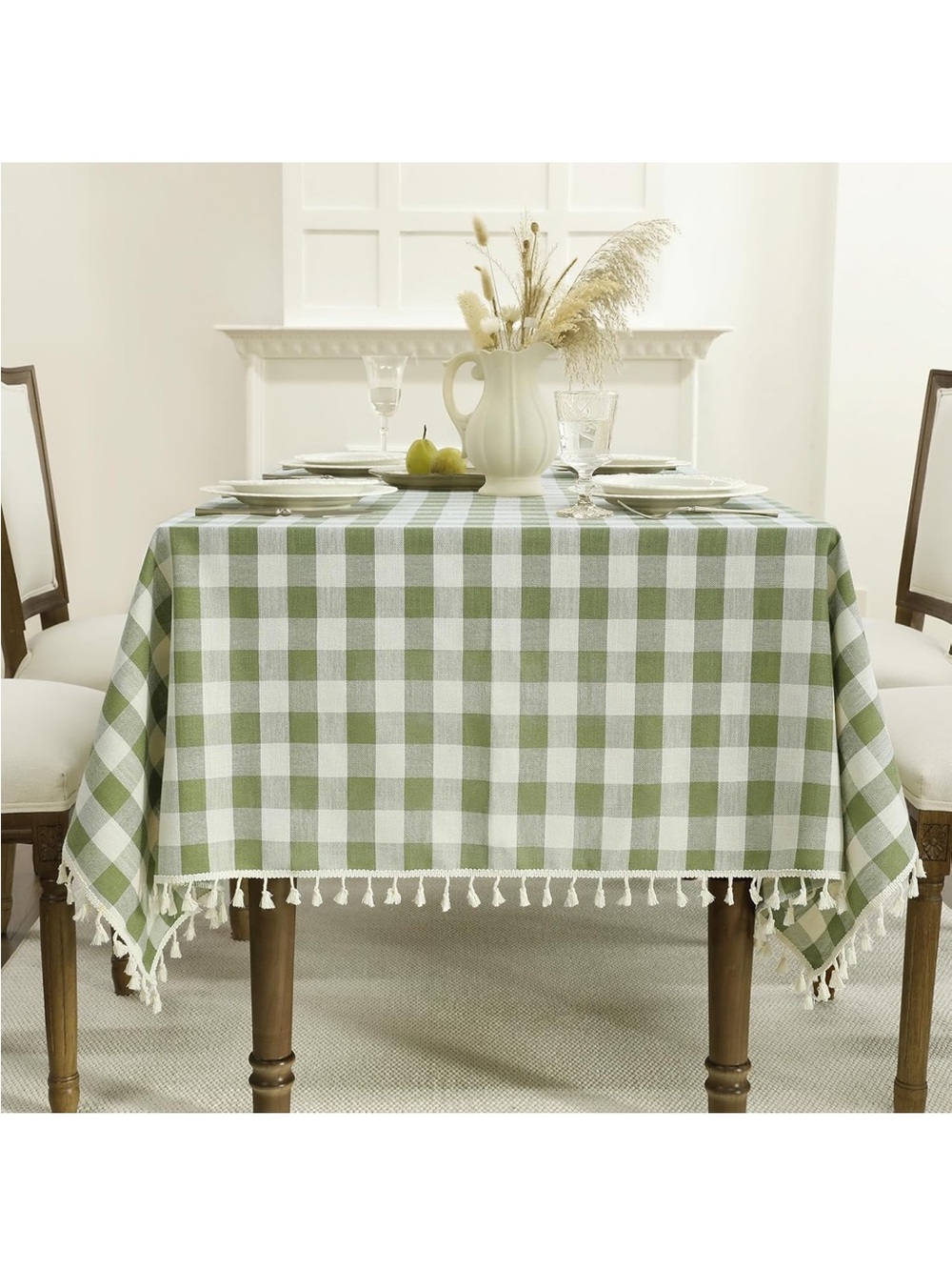 NEW Romanstile Gingham Tablecloth. Heavy Duty, Linen-Cotton Blend, Sage Green